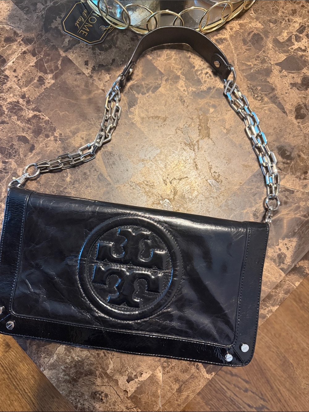 Tory Burch Black Patent Leather Logo Chain Shoulder Bag
